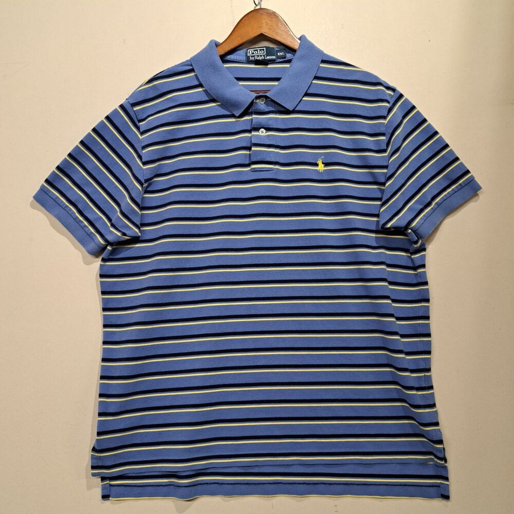 Mens Polo By Ralph Lauren Striped Button Polo Light Blue Navy Yellow Pony XXL